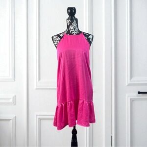 Carmela  Size L  Hot Pink Linen Halter Tie Neck Ruffle Hem Shift Dress Beach Y2K